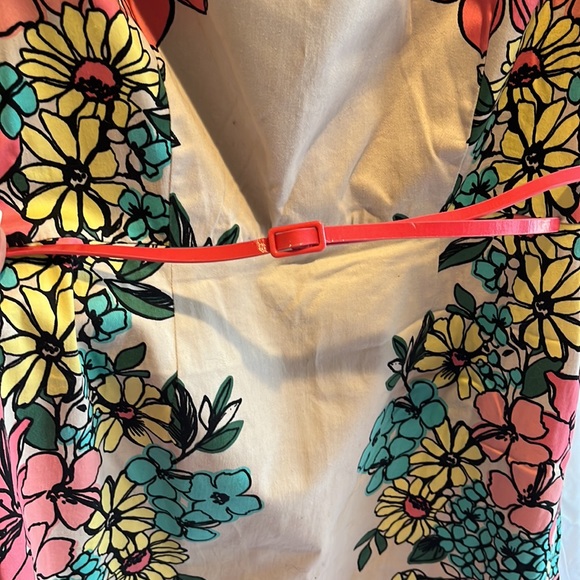 Tan with teal, coral & yellow flowers dress with belt - Picture 4 of 4